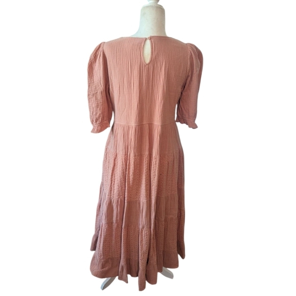 Cottagecore Pink Dress Pleated Tiered Eyelet Cotton Puff Sleeves Tiered Sz L - Picture 4 of 11